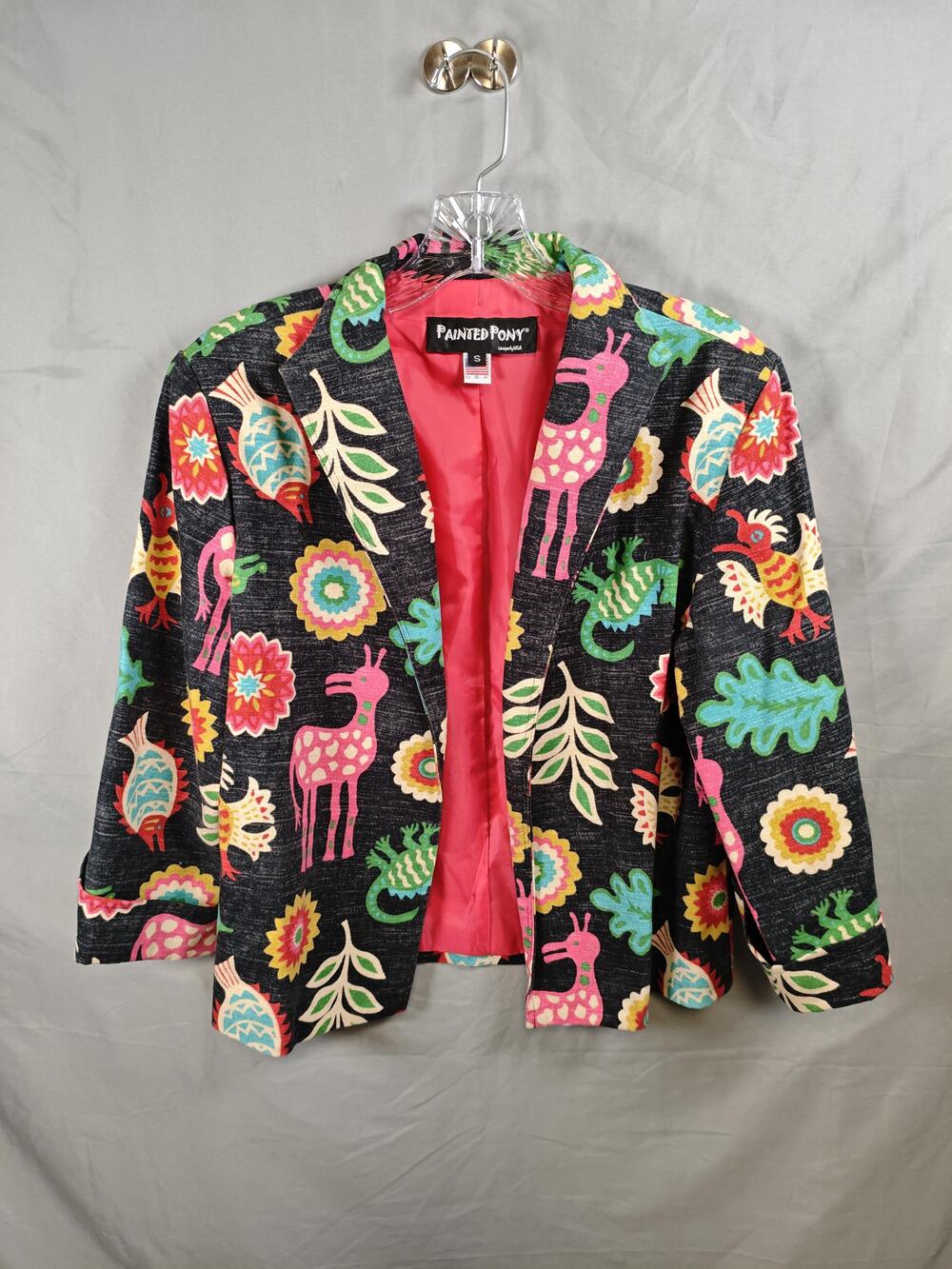 Painted Pony Jacket Womens Small Black Bright Animal Floral Print Blazer USA
